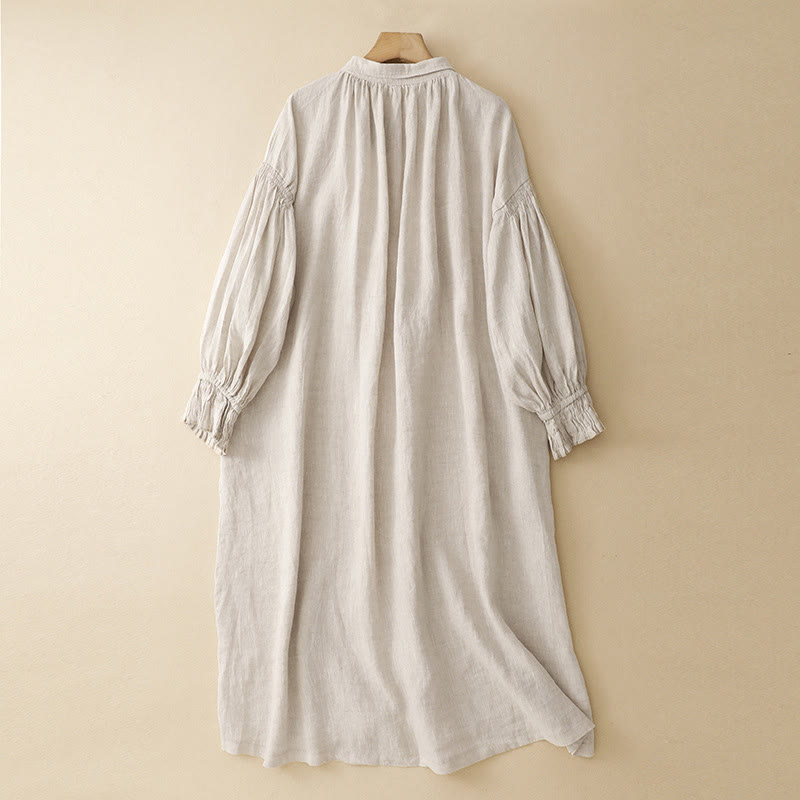 Breathable Cotton Lapel Midi Dress with Functional Pockets