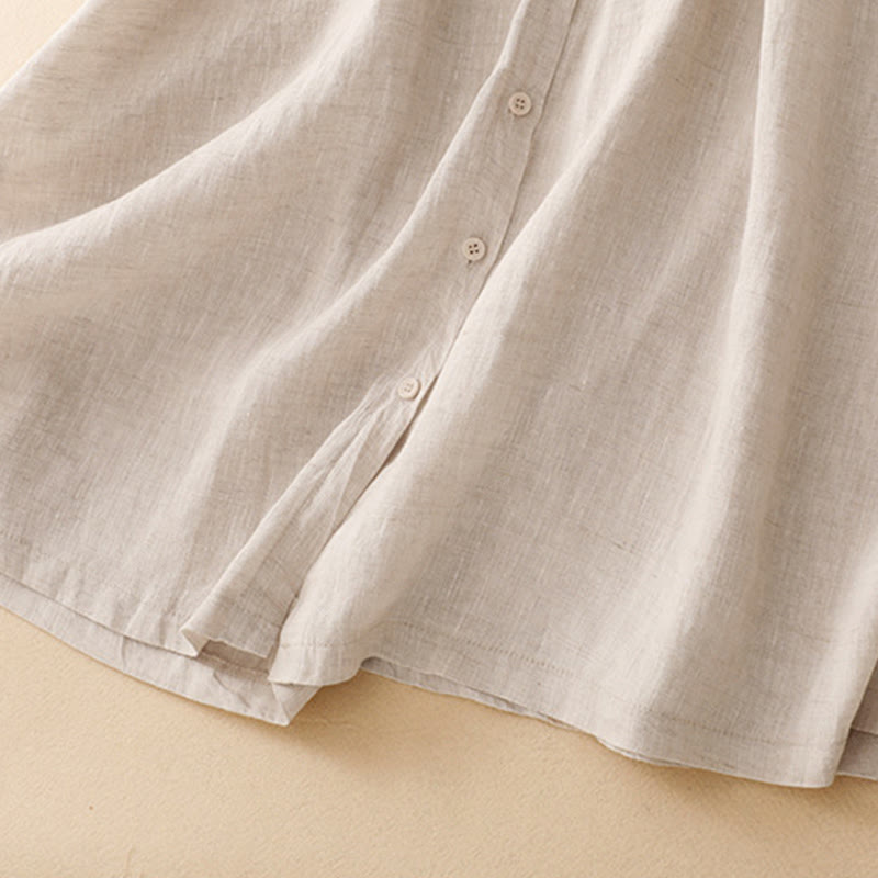 Breathable Cotton Lapel Midi Dress with Functional Pockets