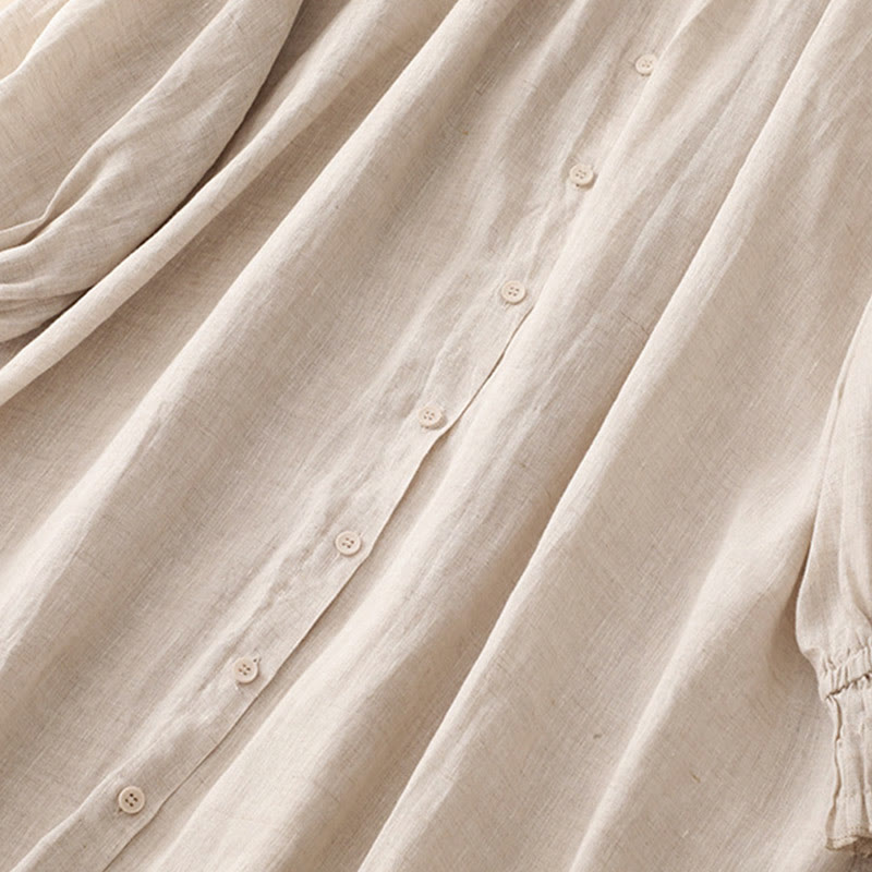 Breathable Cotton Lapel Midi Dress with Functional Pockets