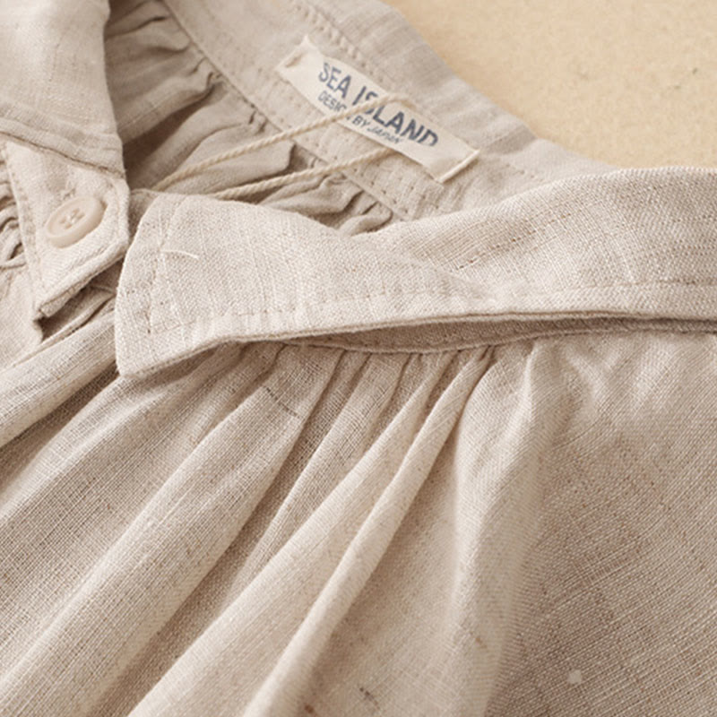 Breathable Cotton Lapel Midi Dress with Functional Pockets