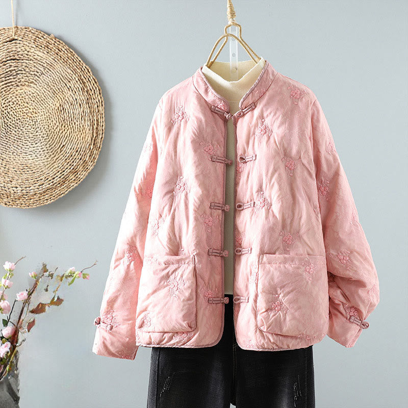 Floral Frog-Button Stand Collar Women's Long Sleeve Cotton Thick Jacket With Pockets