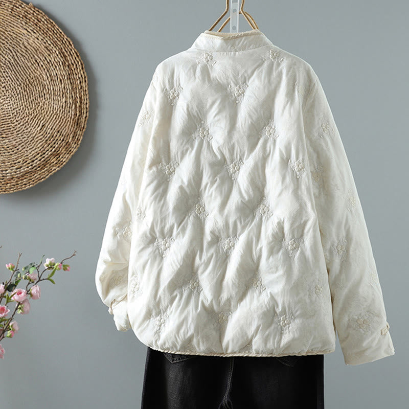 Floral Frog-Button Stand Collar Women's Long Sleeve Cotton Thick Jacket With Pockets