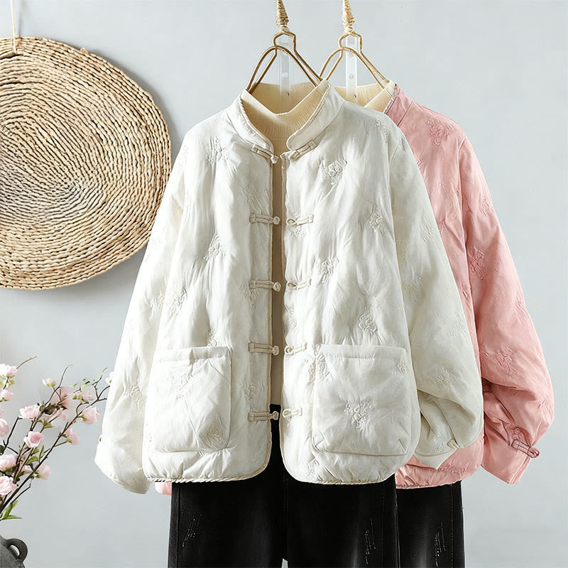 Floral Frog-Button Stand Collar Women's Long Sleeve Cotton Thick Jacket With Pockets