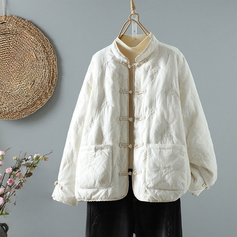 Floral Frog-Button Stand Collar Women's Long Sleeve Cotton Thick Jacket With Pockets