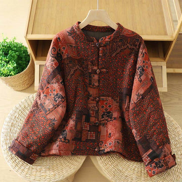 Women's Ethnic Floral Long Sleeve Frog-buttons Cotton Thermal Jacket