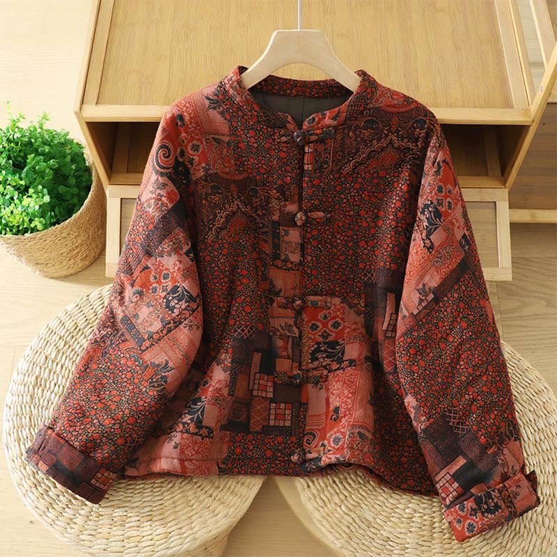Women's Ethnic Floral Long Sleeve Frog-buttons Cotton Thermal Jacket