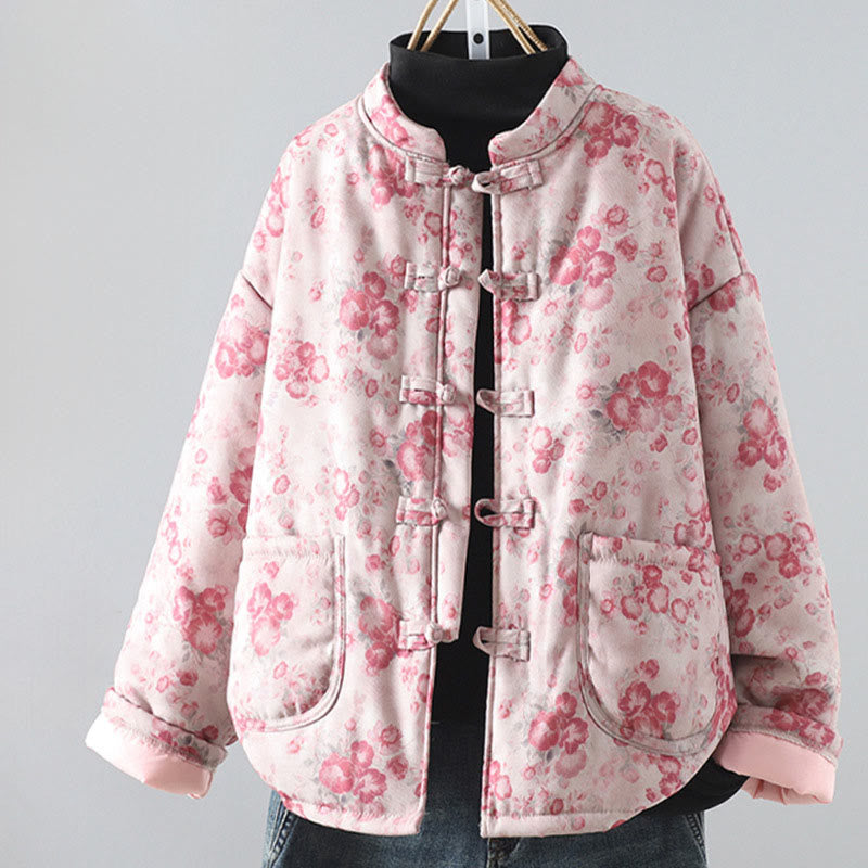 Women's Commute LightPink Printing Floral Frog-buttons Cotton Long Sleeve Jacket