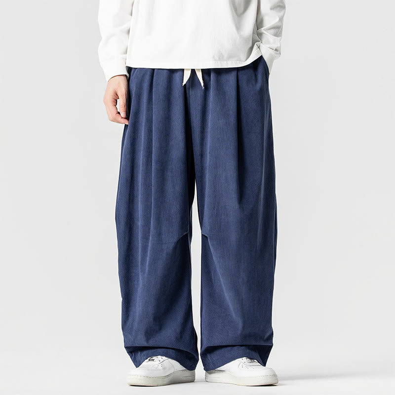 Winter Drawstring Corduroy Cotton Men's Wide Leg Pants With Pockets