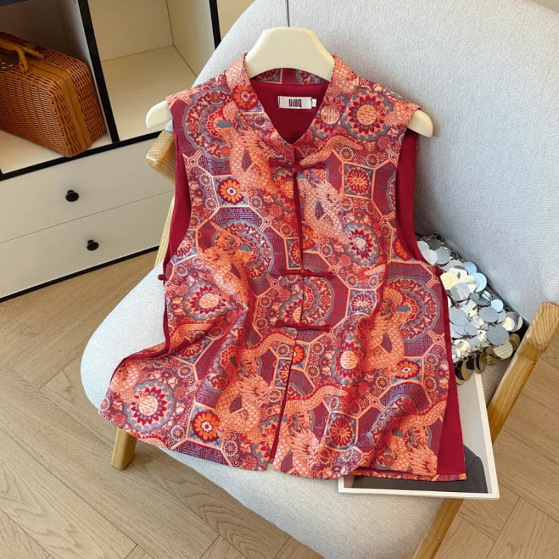 Textured Jacquard Frog-Button Meditation Vest Waistcoat