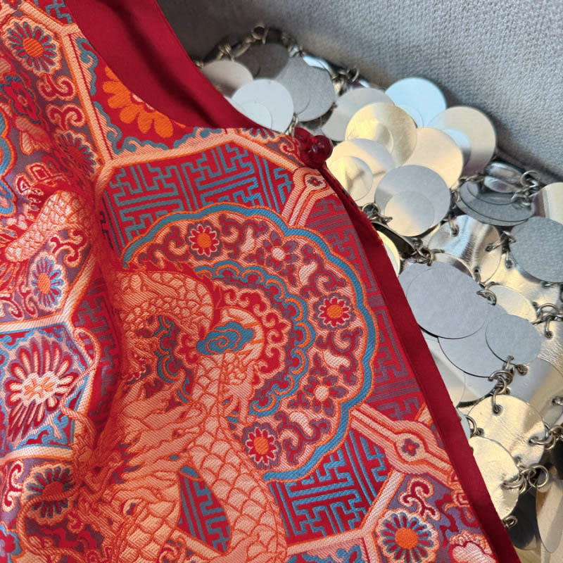 Textured Jacquard Frog-Button Meditation Vest Waistcoat