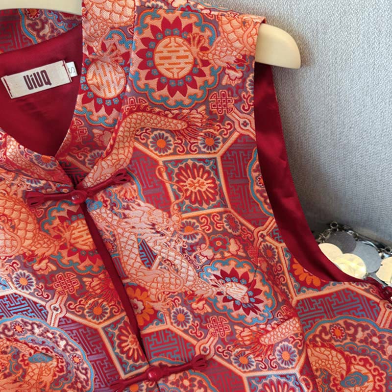 Textured Jacquard Frog-Button Meditation Vest Waistcoat