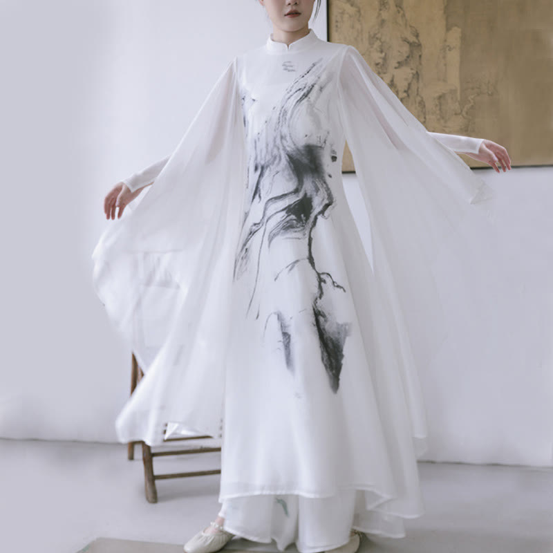 White Ink Print Design Short Sleeve Women's Meditation Midi Dress Pants Zen Clothing