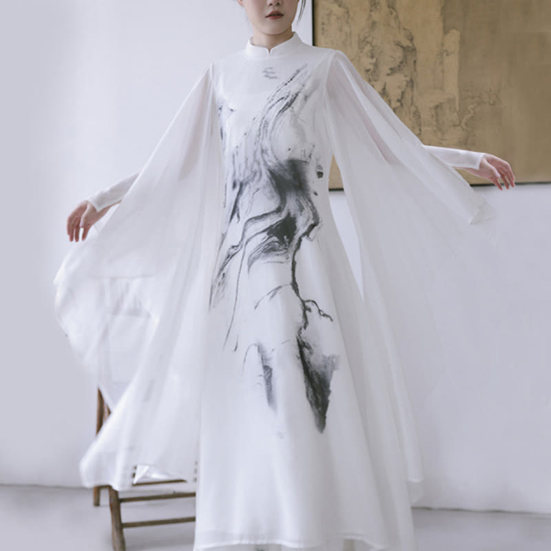 White Ink Print Design Short Sleeve Women's Meditation Midi Dress Pants Zen Clothing