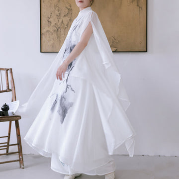 White Ink Print Design Short Sleeve Women's Meditation Midi Dress Pants Zen Clothing