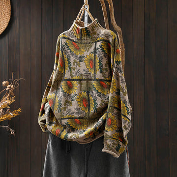 Sunflower Pattern Mock Neck Long Sleeve Women's Cotton Sweater