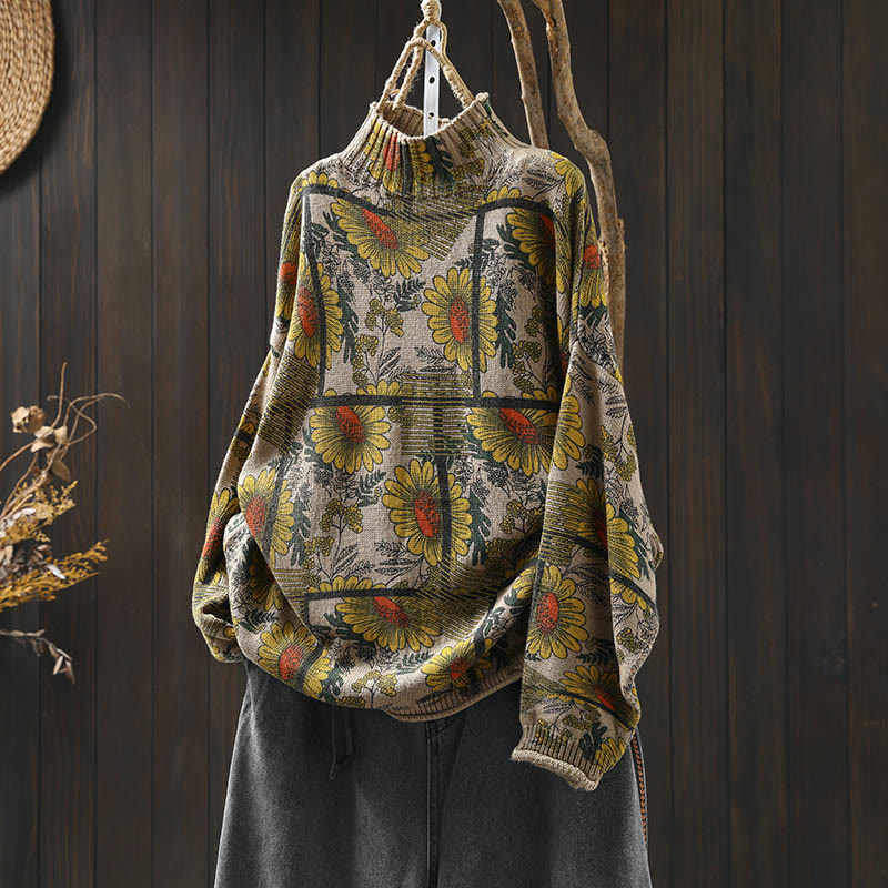 Sunflower Pattern Mock Neck Long Sleeve Women's Cotton Sweater