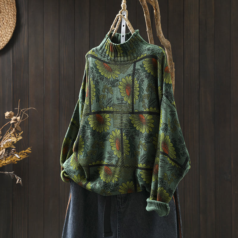 Sunflower Pattern Mock Neck Long Sleeve Women's Cotton Sweater