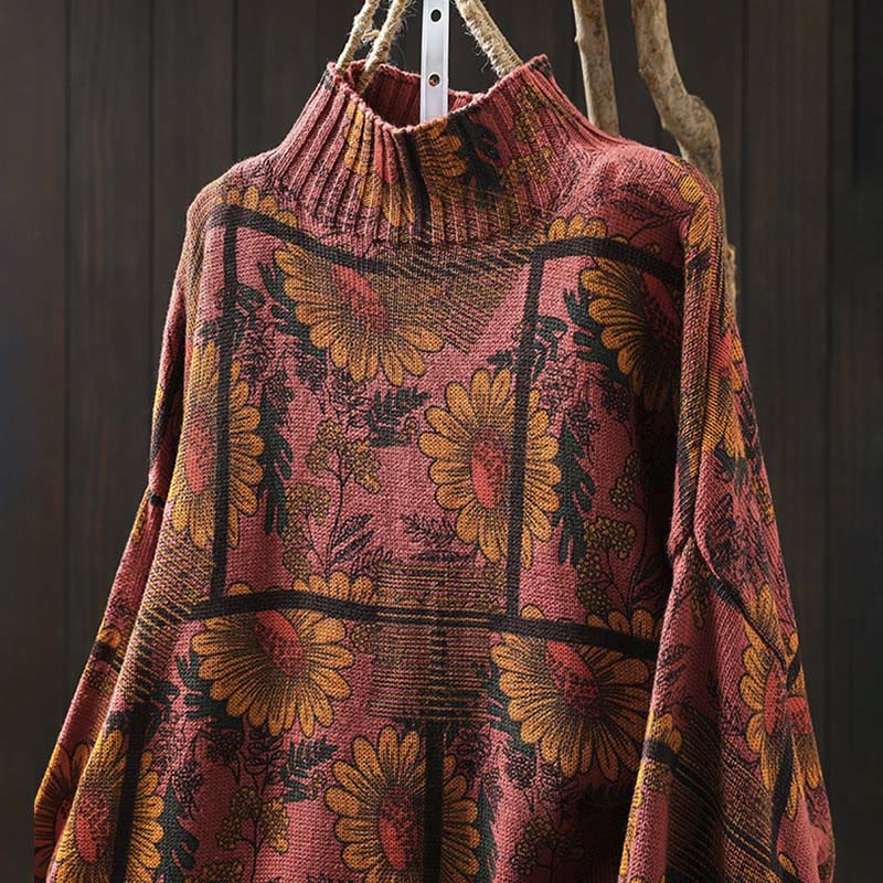 Sunflower Pattern Mock Neck Long Sleeve Women's Cotton Sweater