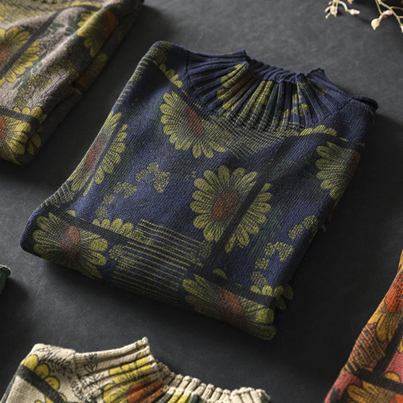 Sunflower Pattern Mock Neck Long Sleeve Women's Cotton Sweater