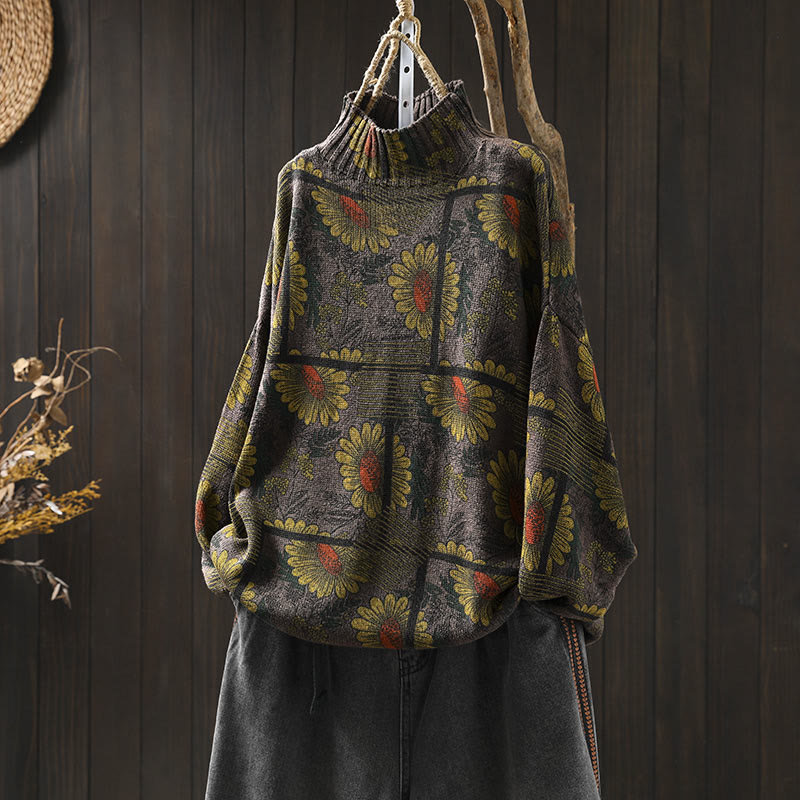 Sunflower Pattern Mock Neck Long Sleeve Women's Cotton Sweater