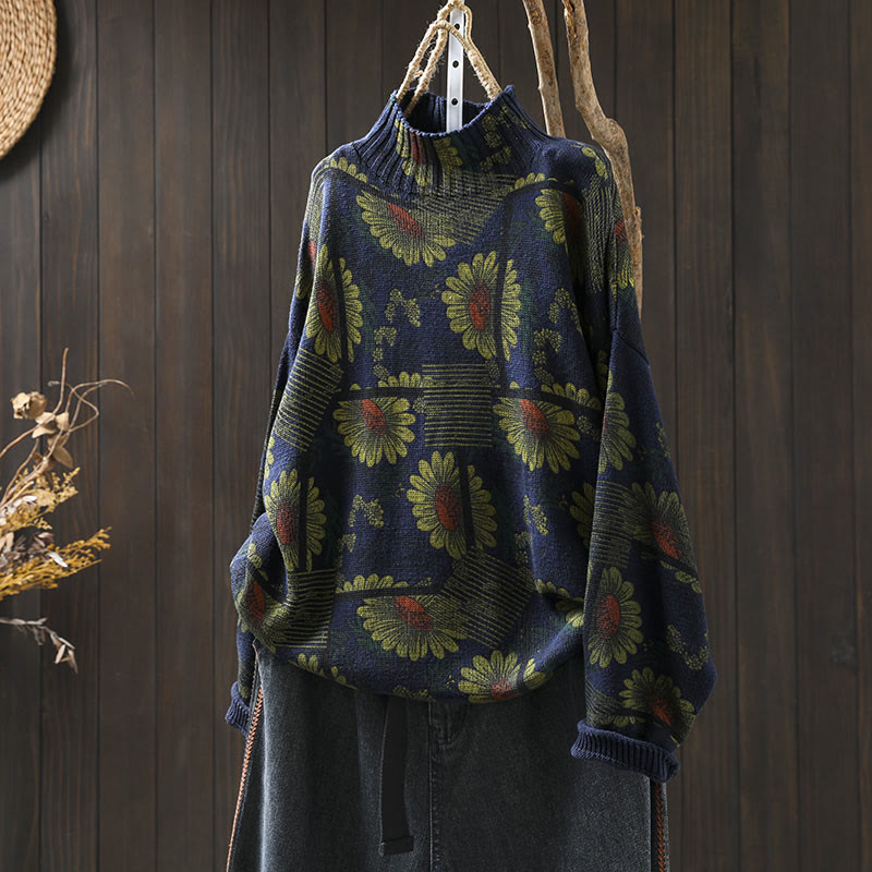 Sunflower Pattern Mock Neck Long Sleeve Women's Cotton Sweater