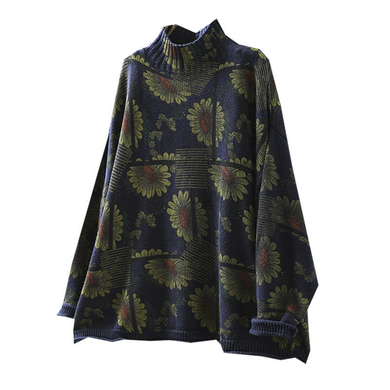 Sunflower Pattern Mock Neck Long Sleeve Women's Cotton Sweater