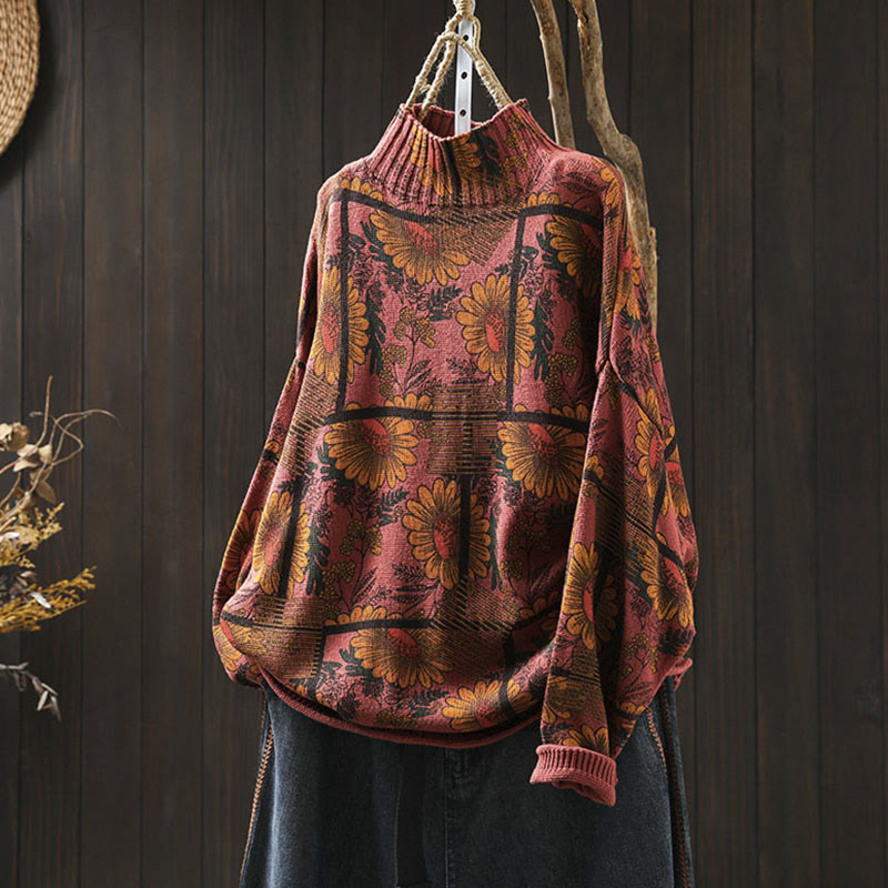 Sunflower Pattern Mock Neck Long Sleeve Women's Cotton Sweater