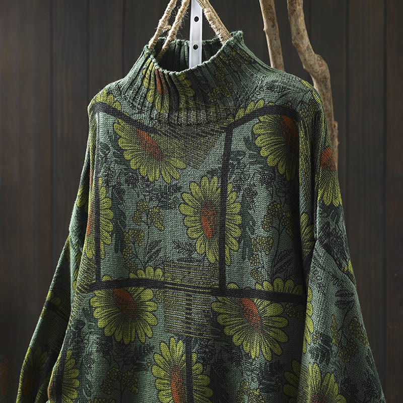 Sunflower Pattern Mock Neck Long Sleeve Women's Cotton Sweater