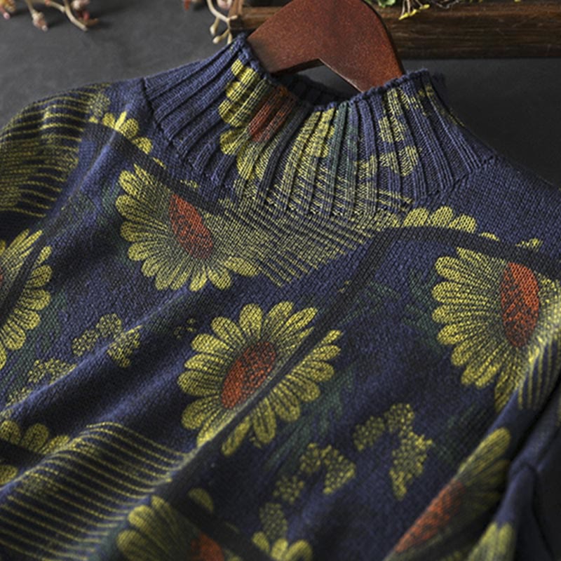 Sunflower Pattern Mock Neck Long Sleeve Women's Cotton Sweater