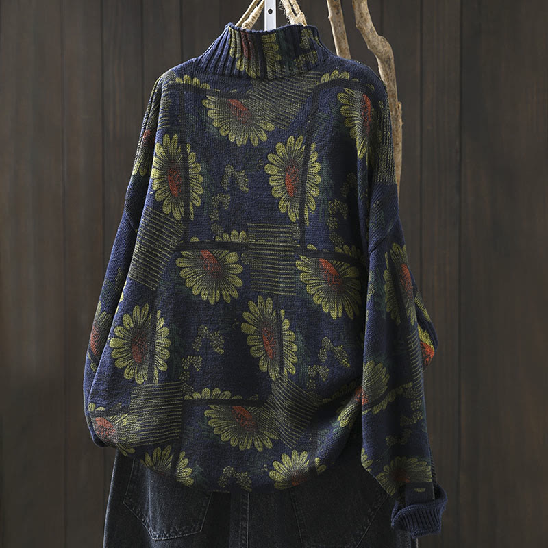 Sunflower Pattern Mock Neck Long Sleeve Women's Cotton Sweater