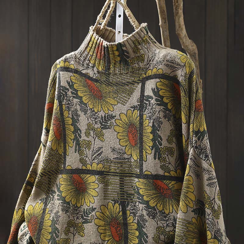 Sunflower Pattern Mock Neck Long Sleeve Women's Cotton Sweater