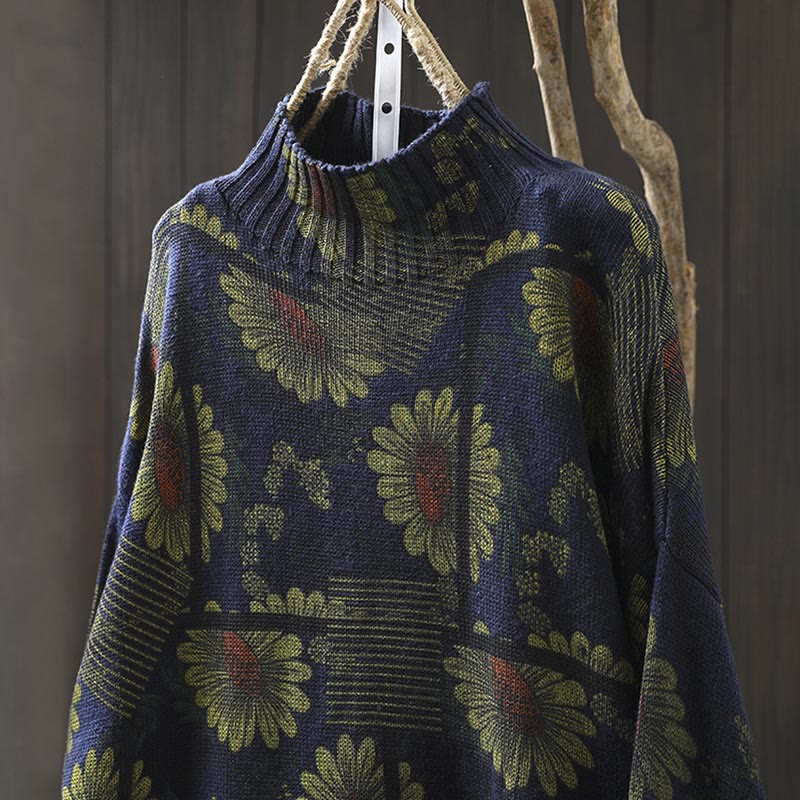 Sunflower Pattern Mock Neck Long Sleeve Women's Cotton Sweater