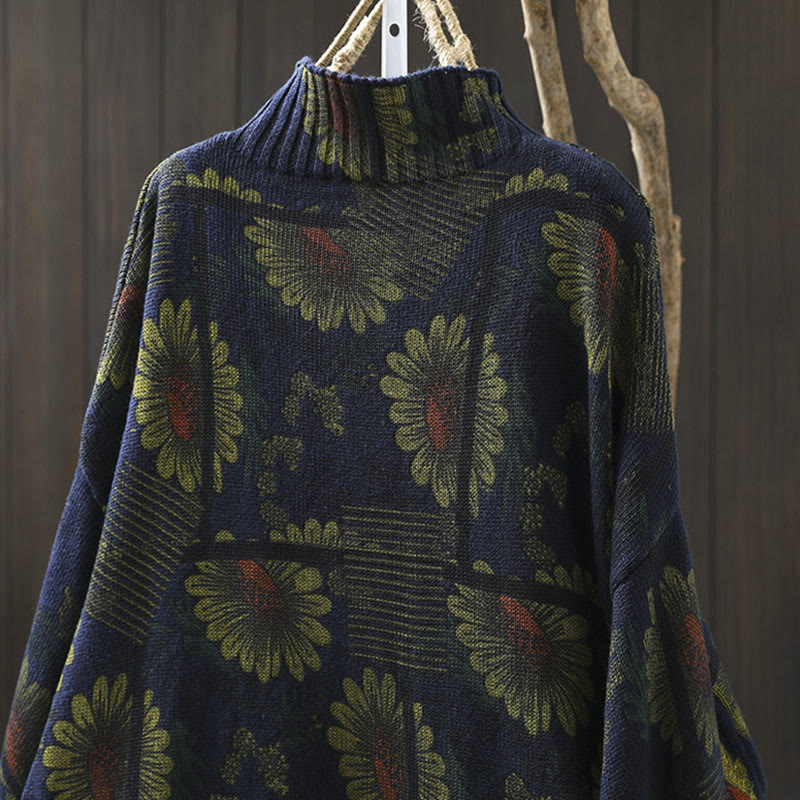 Sunflower Pattern Mock Neck Long Sleeve Women's Cotton Sweater