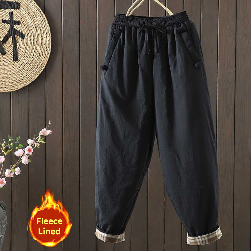 Thermal Fleece-Lined Harem Meditation Pants with Elastic Waist