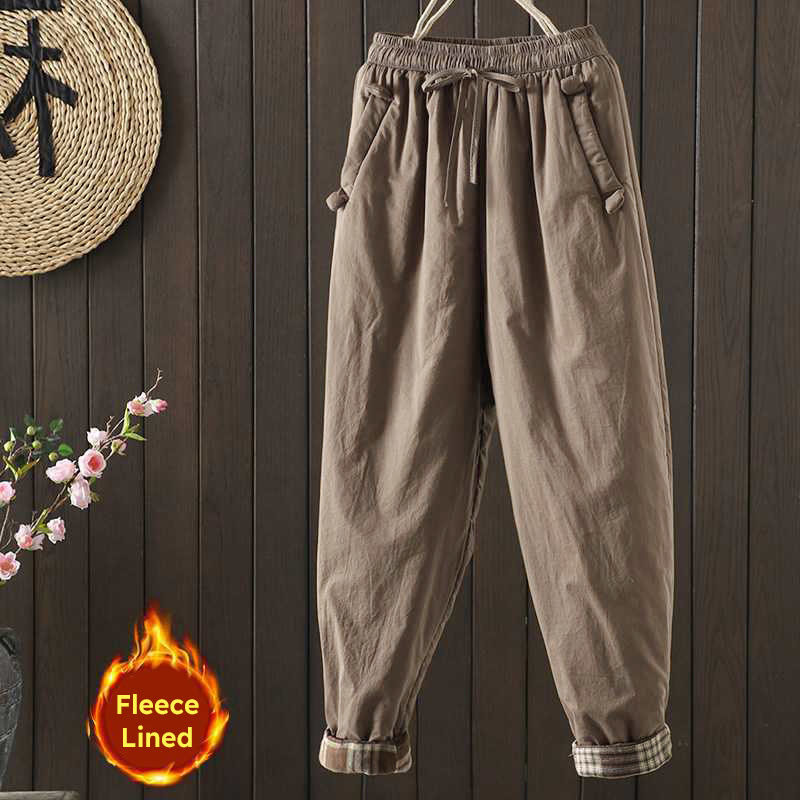 Thermal Fleece-Lined Harem Meditation Pants with Elastic Waist