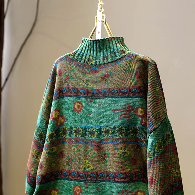 Winter Color-block Flower Pattern Mock Neck Long Sleeve Women's Cotton Sweater