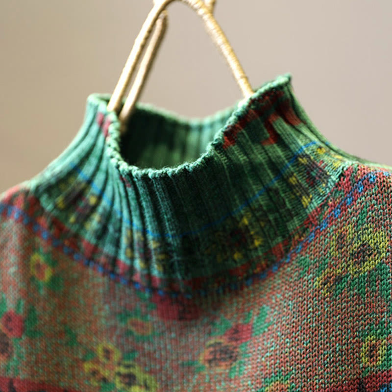 Winter Color-block Flower Pattern Mock Neck Long Sleeve Women's Cotton Sweater