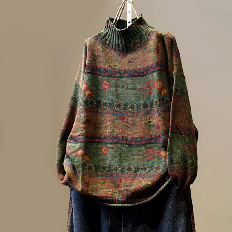 Winter Color-block Flower Pattern Mock Neck Long Sleeve Women's Cotton Sweater