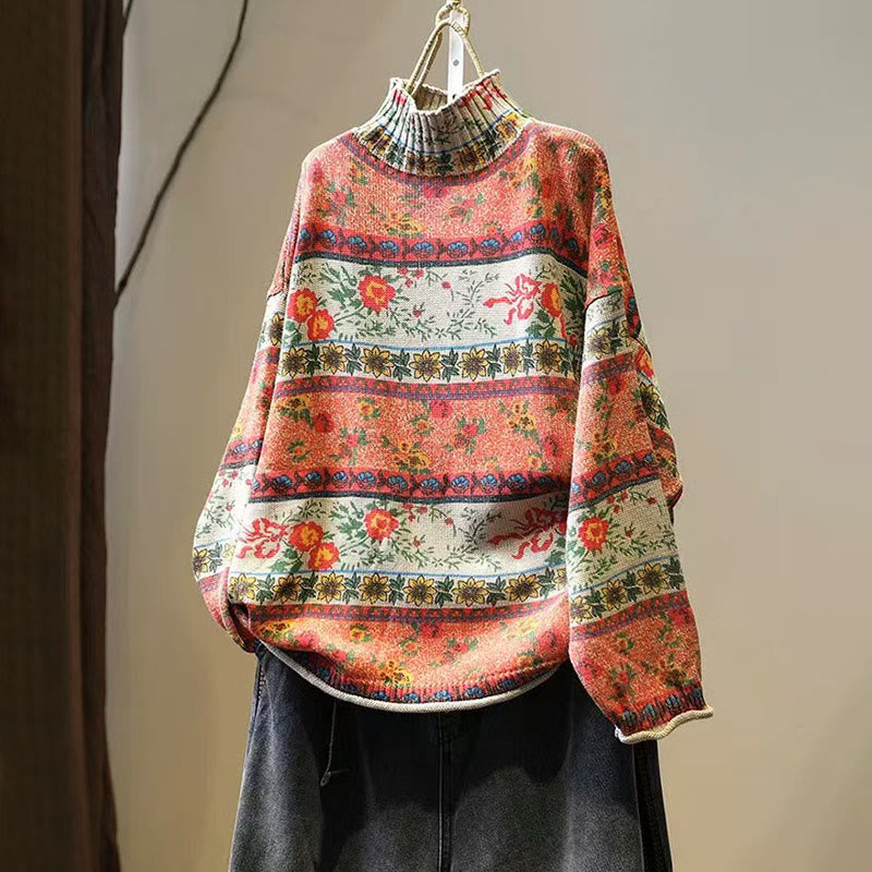 Winter Color-block Flower Pattern Mock Neck Long Sleeve Women's Cotton Sweater