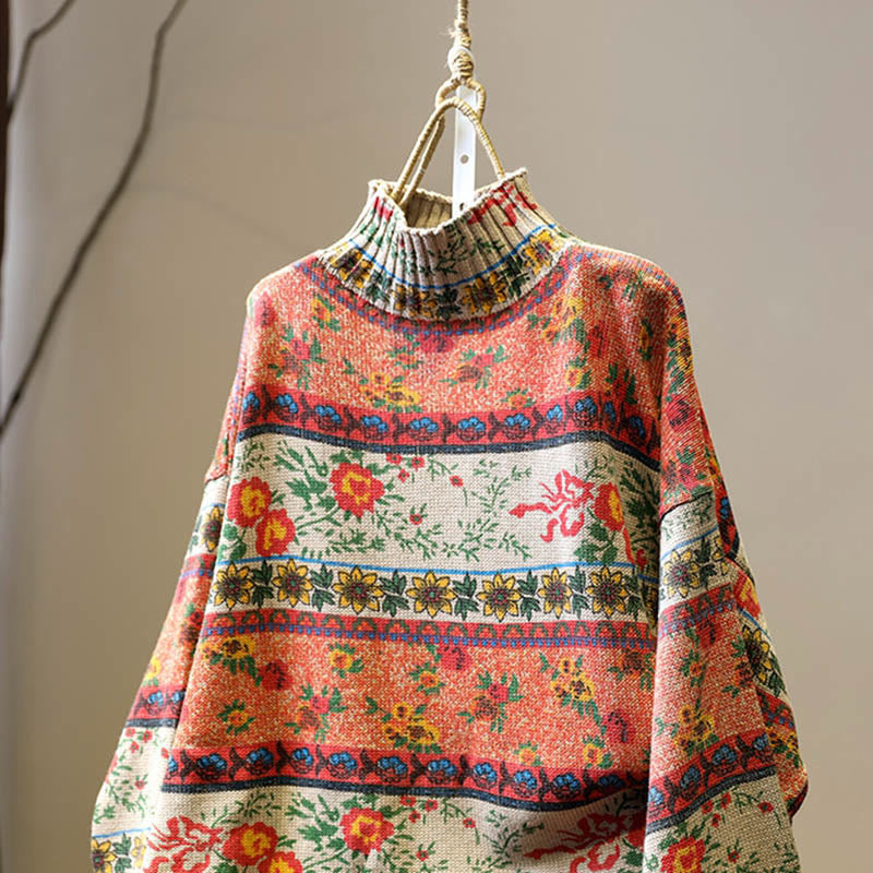 Winter Color-block Flower Pattern Mock Neck Long Sleeve Women's Cotton Sweater