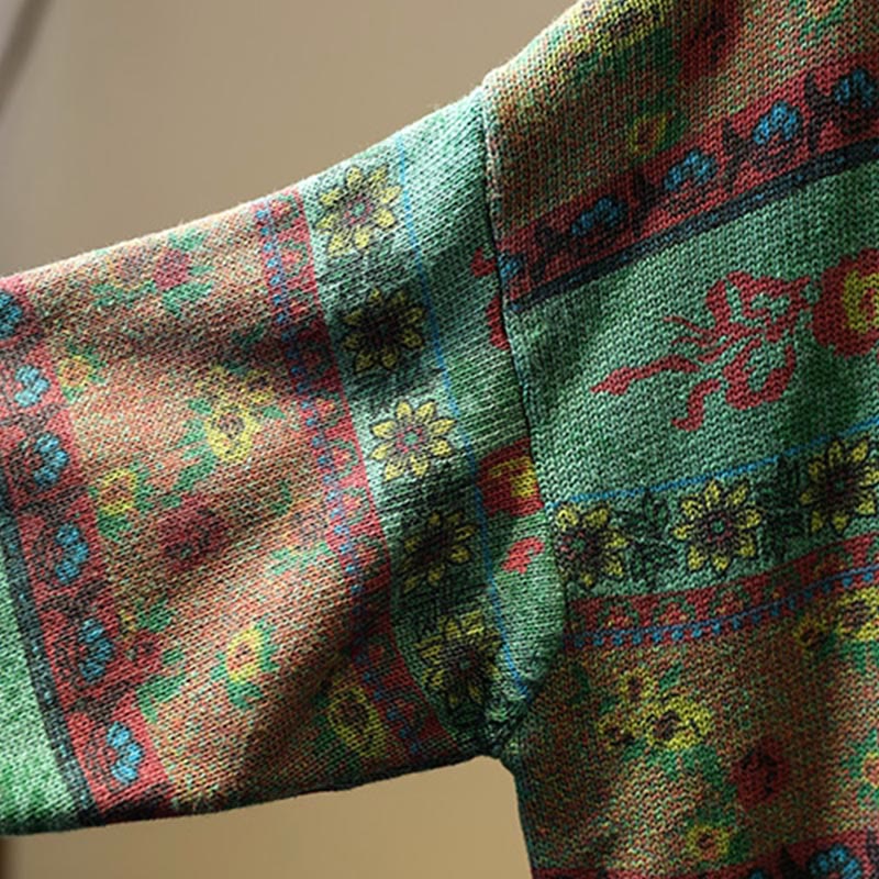 Winter Color-block Flower Pattern Mock Neck Long Sleeve Women's Cotton Sweater