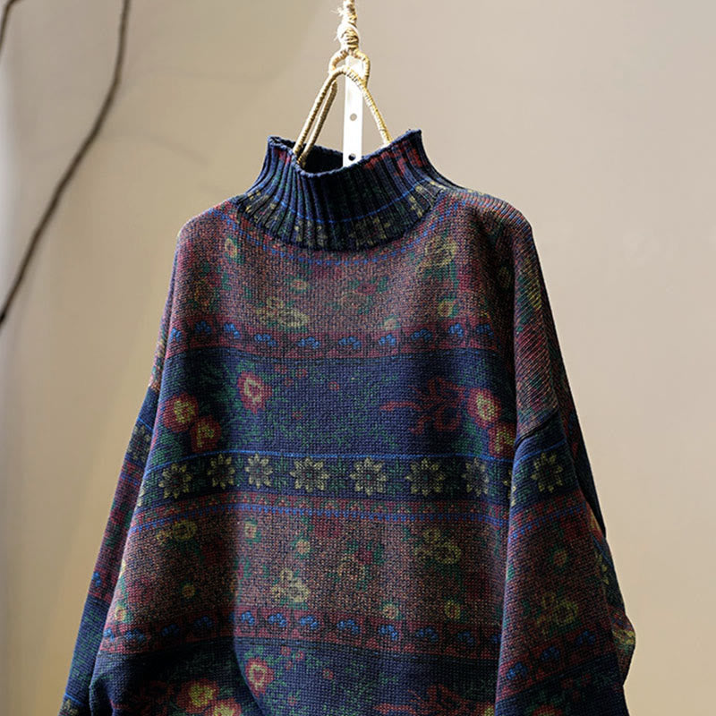 Winter Color-block Flower Pattern Mock Neck Long Sleeve Women's Cotton Sweater