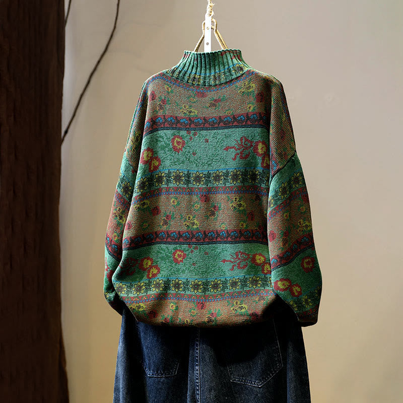 Winter Color-block Flower Pattern Mock Neck Long Sleeve Women's Cotton Sweater