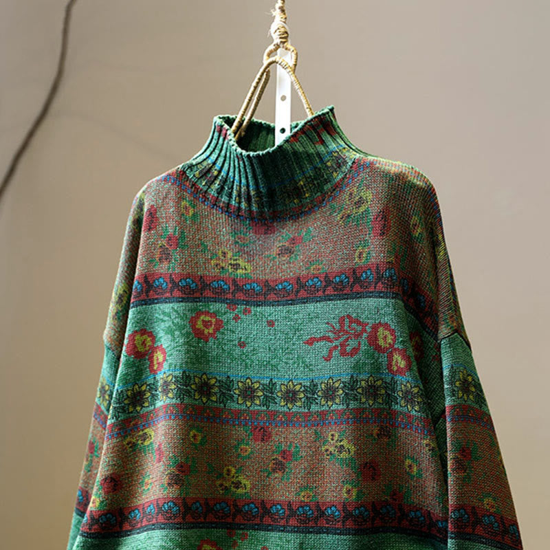 Winter Color-block Flower Pattern Mock Neck Long Sleeve Women's Cotton Sweater