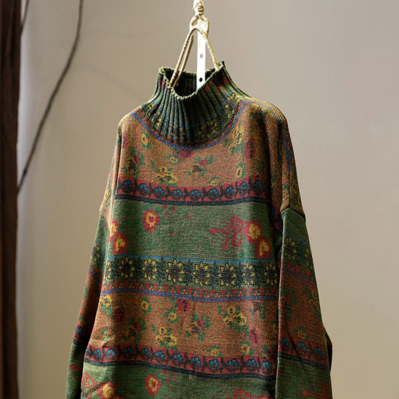 Winter Color-block Flower Pattern Mock Neck Long Sleeve Women's Cotton Sweater