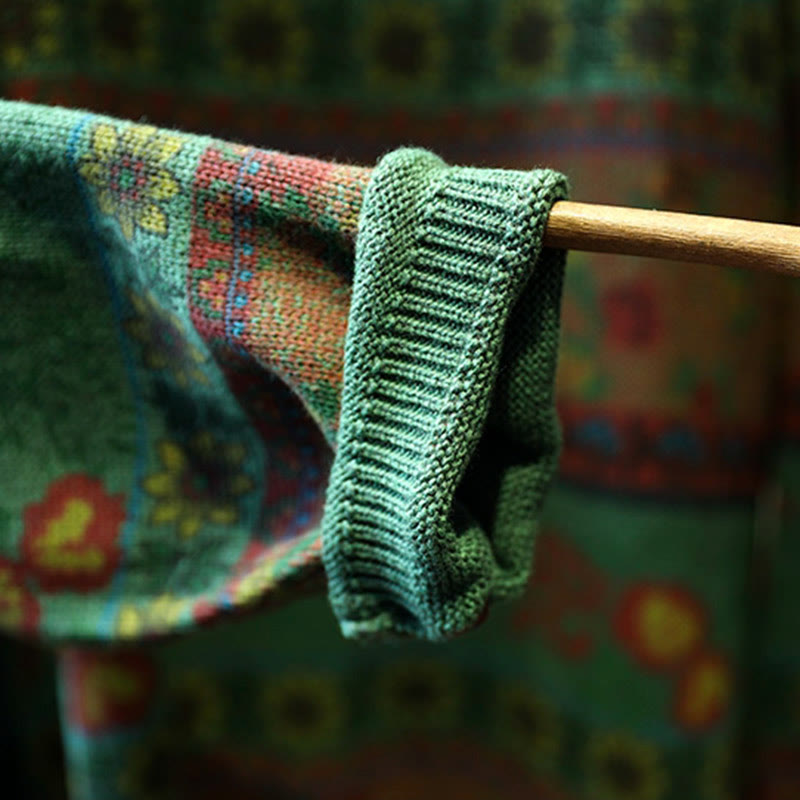 Winter Color-block Flower Pattern Mock Neck Long Sleeve Women's Cotton Sweater