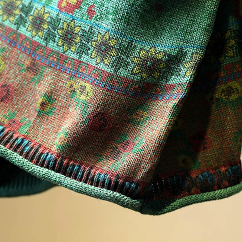 Winter Color-block Flower Pattern Mock Neck Long Sleeve Women's Cotton Sweater