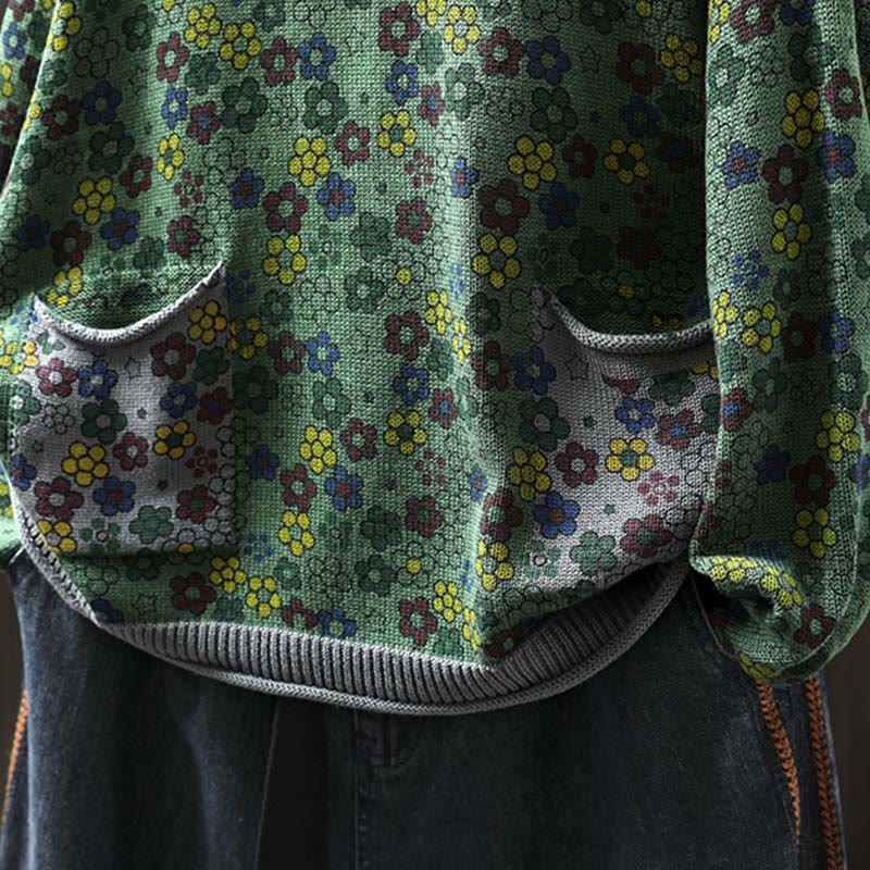 Tactile Cotton Botanical Knit Grounding Women's Sweater with Pockets