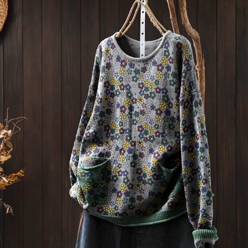 Tactile Cotton Botanical Knit Grounding Women's Sweater with Pockets