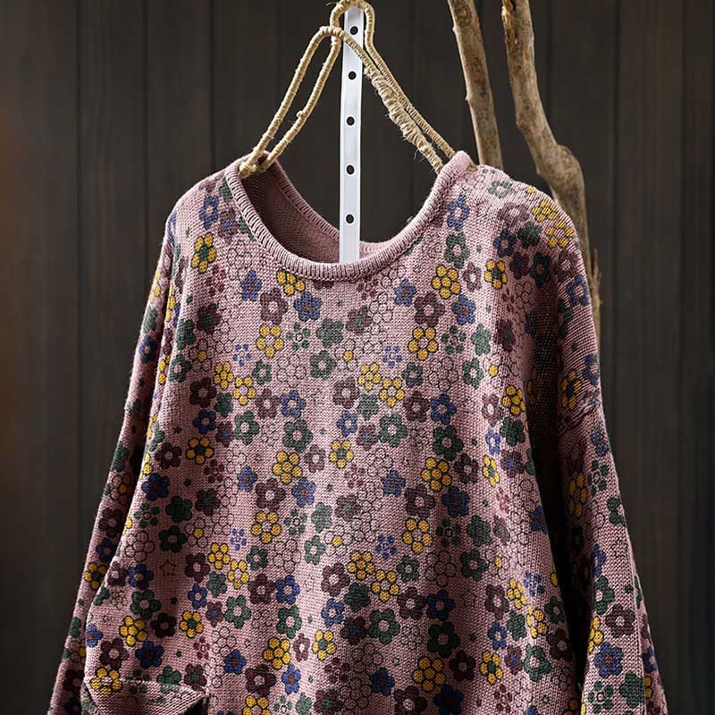 Tactile Cotton Botanical Knit Grounding Women's Sweater with Pockets